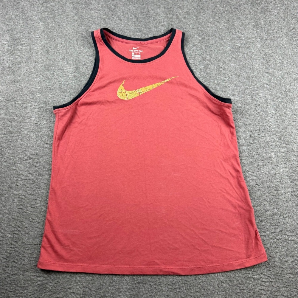 Nike Dri-FIT Tank Top Women's Medium Coral Red Gold Cracked Swoosh Athletic Tee